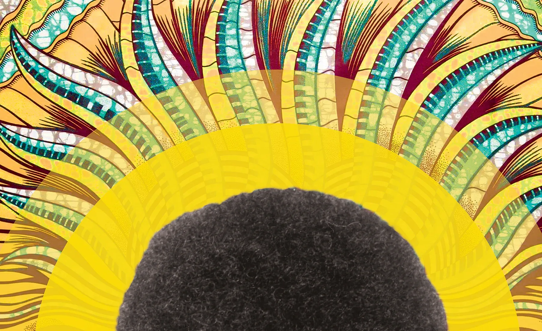 Artwork detail from Ideas That Refuse to Be Small — Angela Davis, 1974, showing the collage’s pattern, colour and photographic texture.