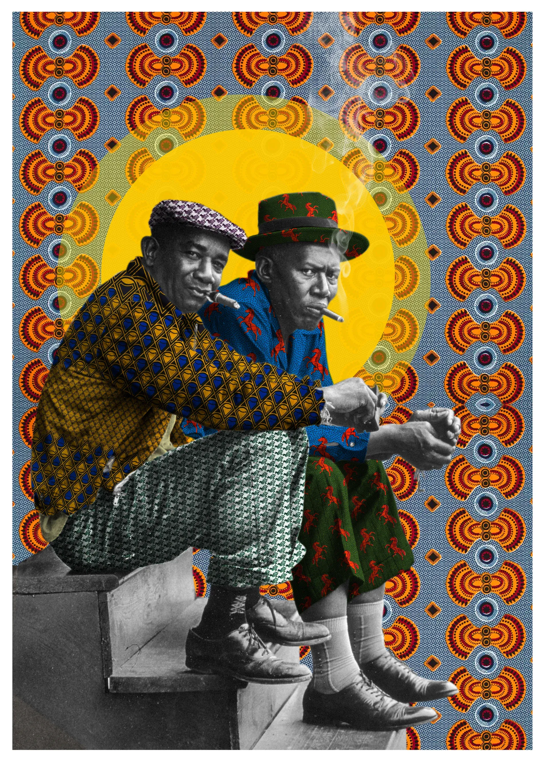 Two men in vividly patterned clothes sit closely together against an orange-and-blue patterned ground and a luminous yellow circle.