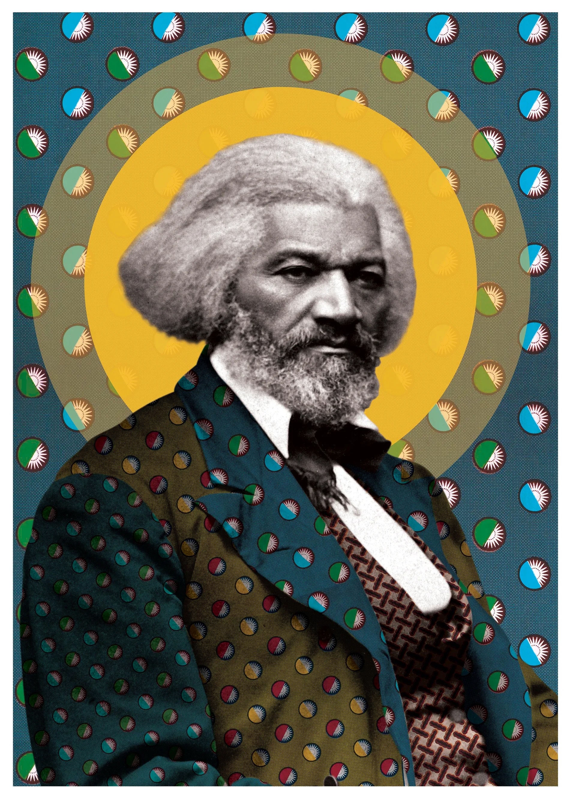 Frederick Douglass, circa 1879, reimagined with a luminous yellow halo, patterned clothing and a layered blue and green textile ground.