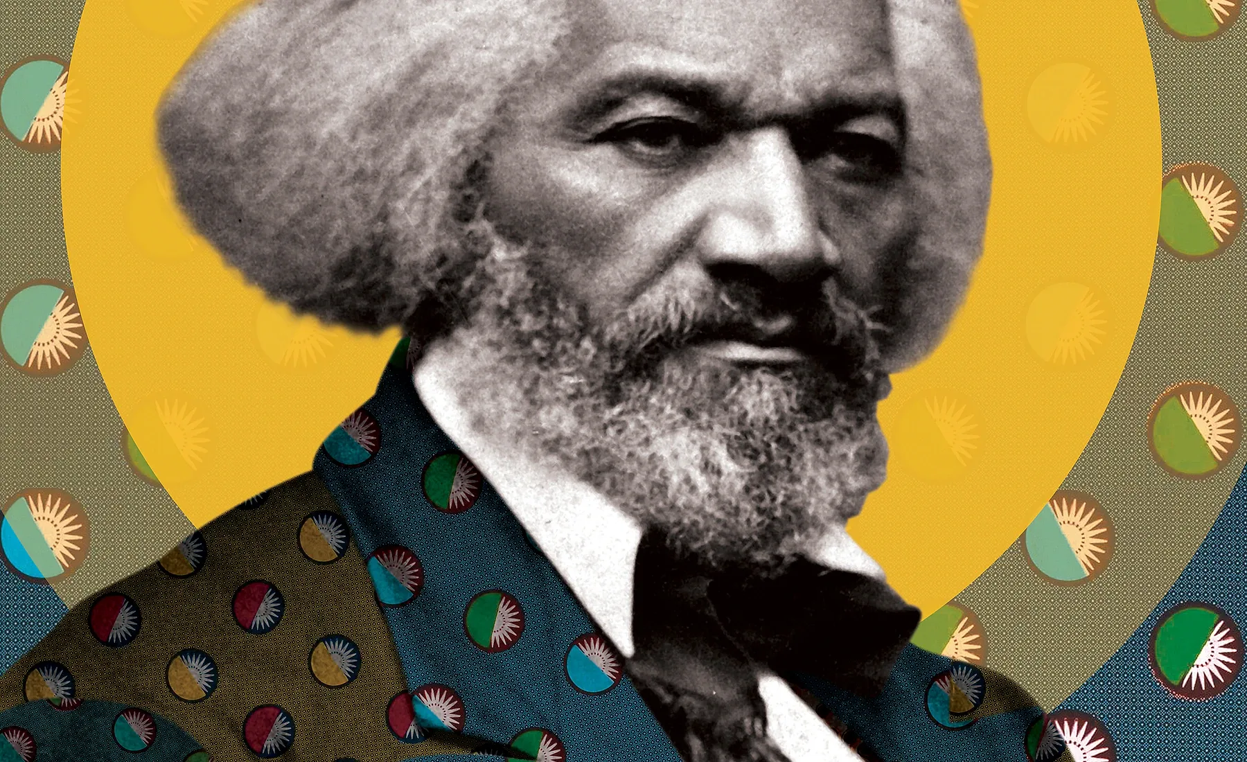 Artwork detail from A Voice Heard Across a Nation — Frederick Douglass, circa 1879, showing the collage’s pattern, colour and photographic texture.