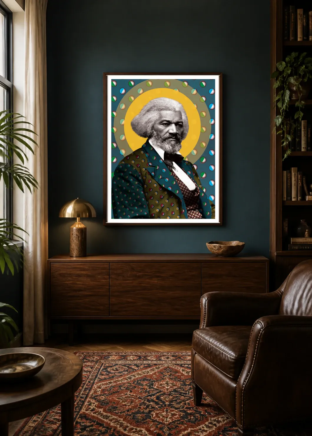 A Voice Heard Across a Nation — Frederick Douglass, circa 1879 displayed in a styled interior.