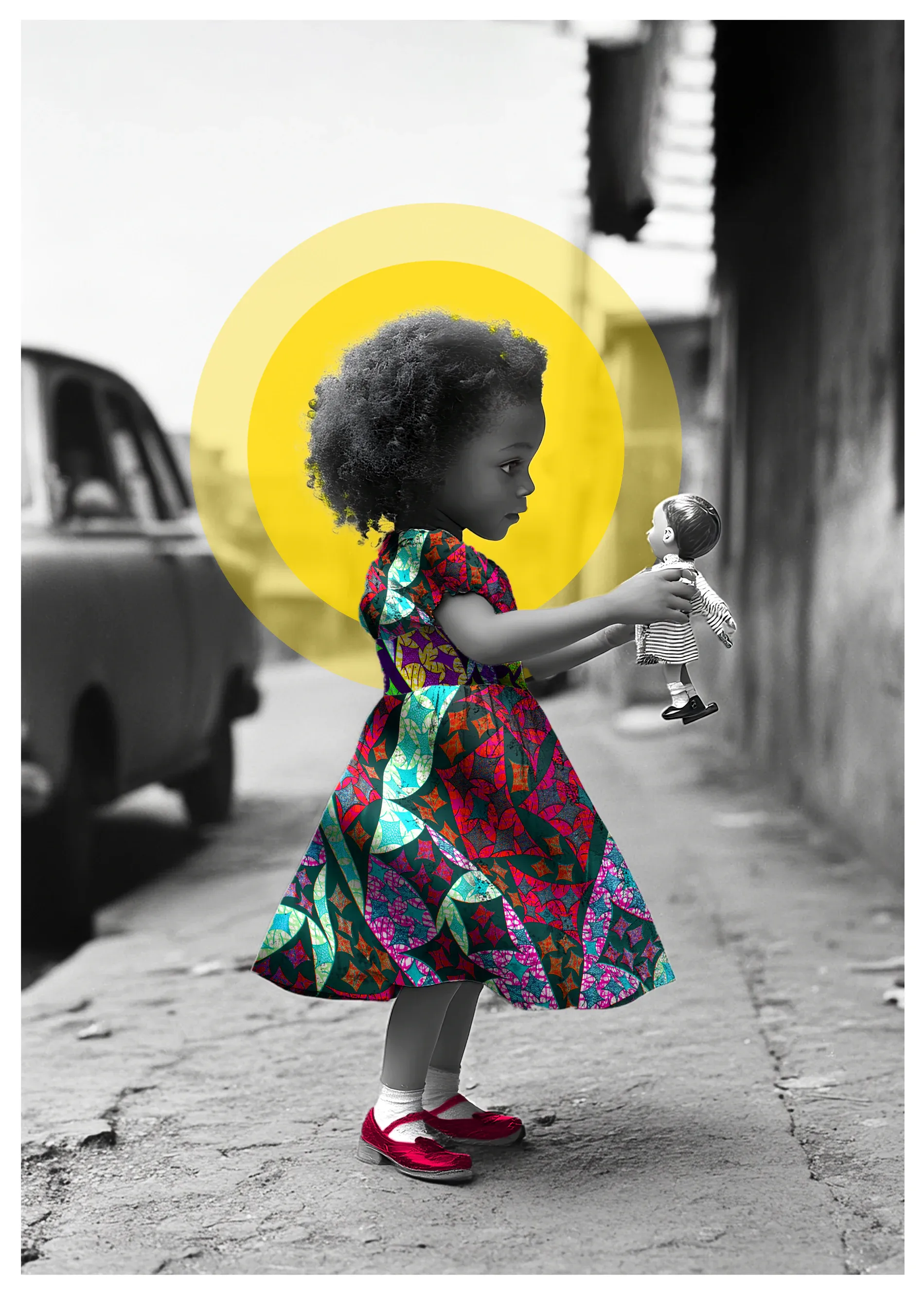 A young girl in a vivid African-print dress holds a doll beneath luminous yellow circles on a black-and-white street.