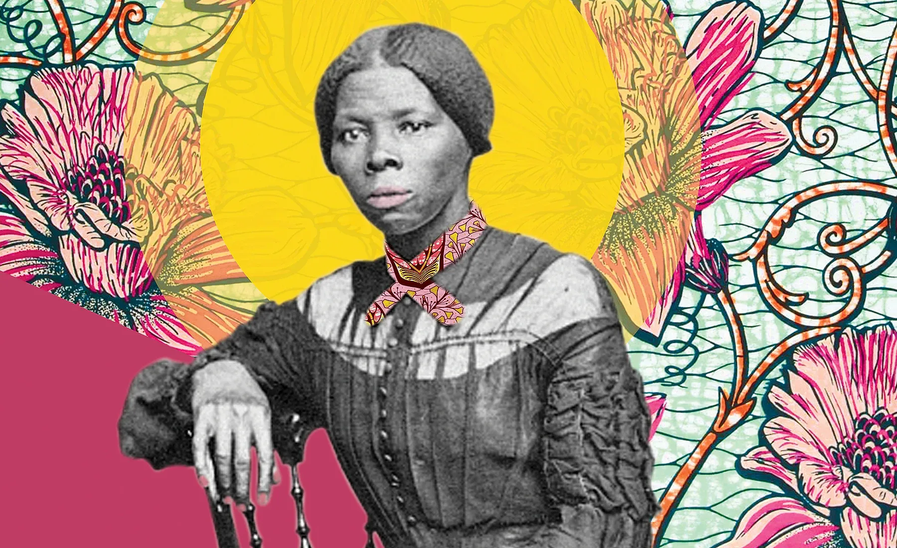 Artwork detail from A Life in Freedom — Harriet Tubman, 1911, showing the collage’s pattern, colour and photographic texture.