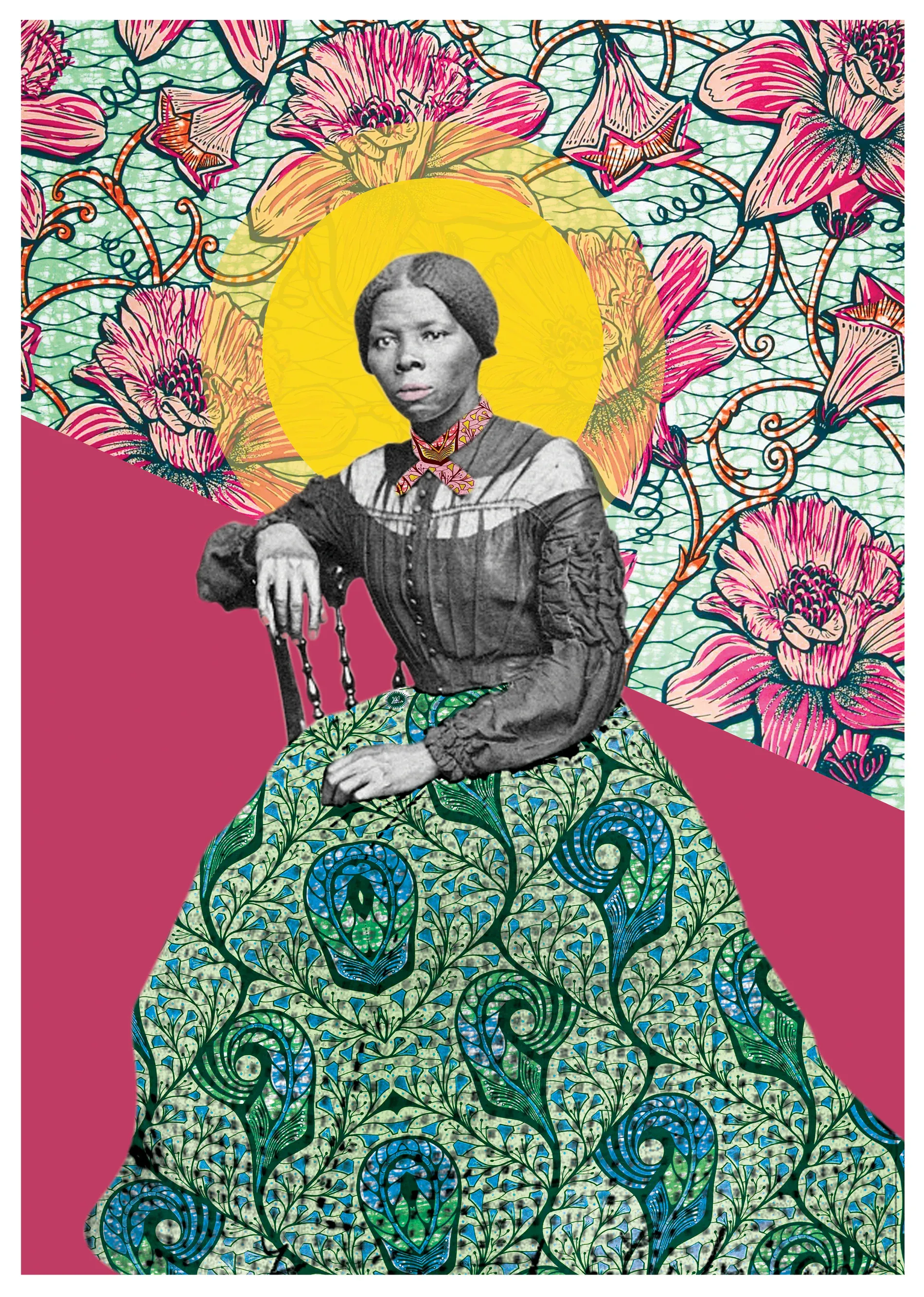 Harriet Tubman seated in 1911, reimagined through layered pattern, colour and a luminous circular form.
