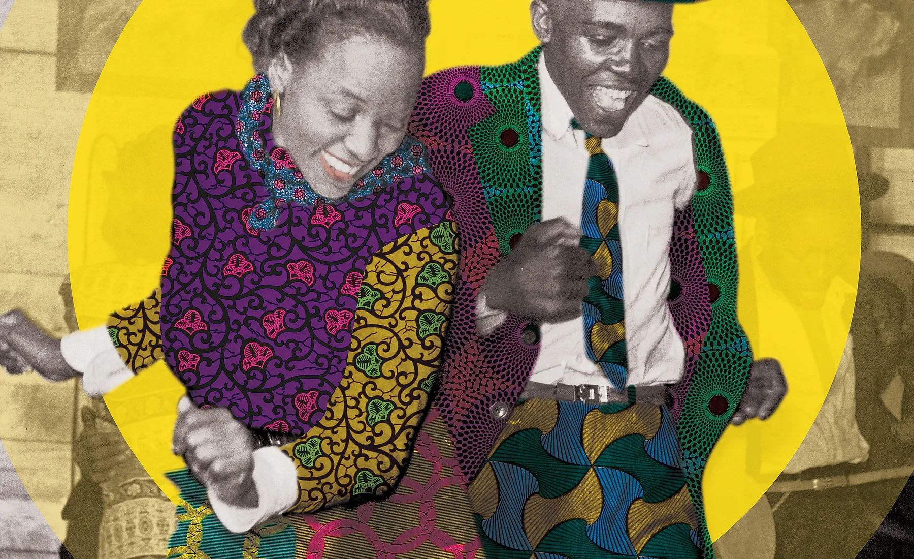 Artwork detail from Saturday Night in Full Swing — Clarksdale, 1939, showing the collage’s pattern, colour and photographic texture.