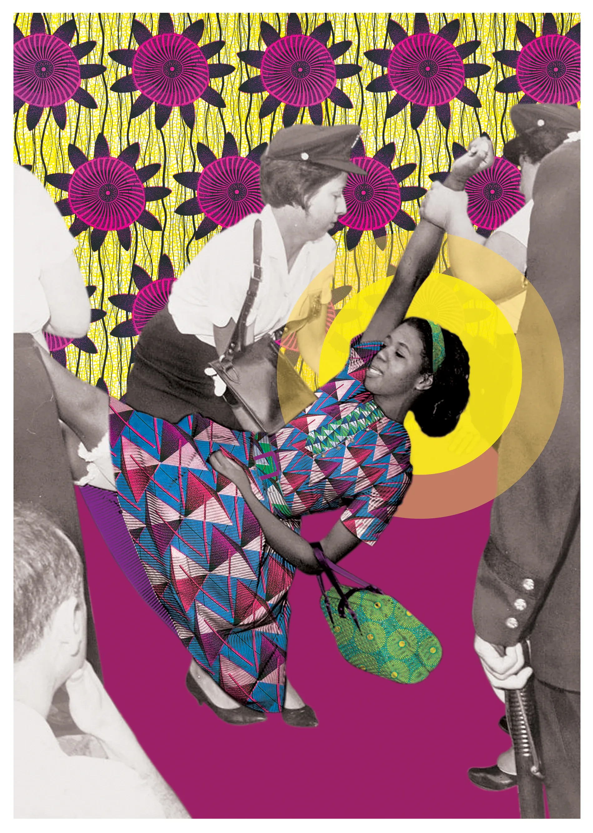 Juanita Sealy in Brooklyn, reimagined through saturated colour and layered textile pattern.