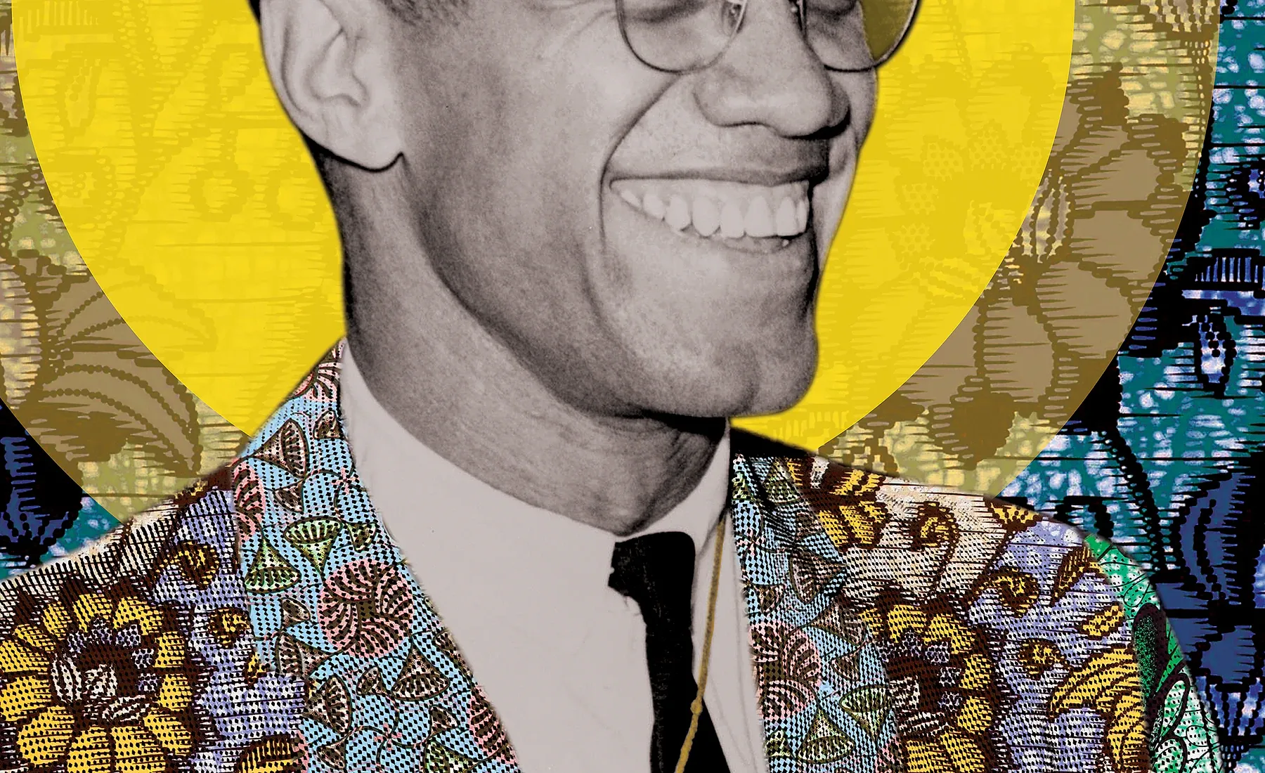 Artwork detail from Joy in the Work — Malcolm X, 1964, showing the collage’s pattern, colour and photographic texture.