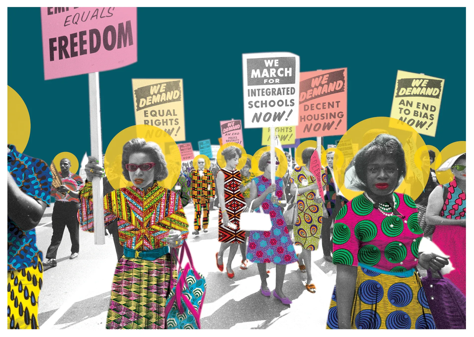 The 1963 March on Washington reimagined with patterned clothing and vivid circular forms.