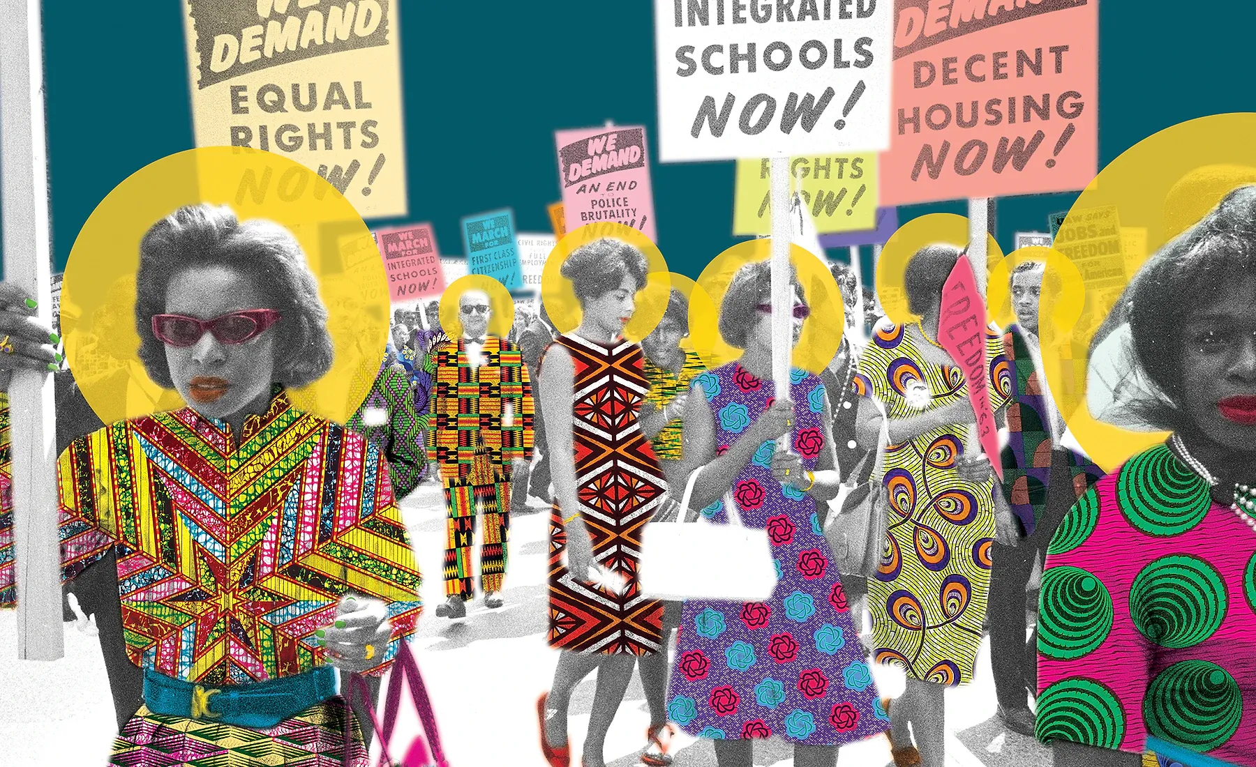 Artwork detail from A Crowd Becomes a Chorus — March on Washington, 1963, showing the collage’s pattern, colour and photographic texture.