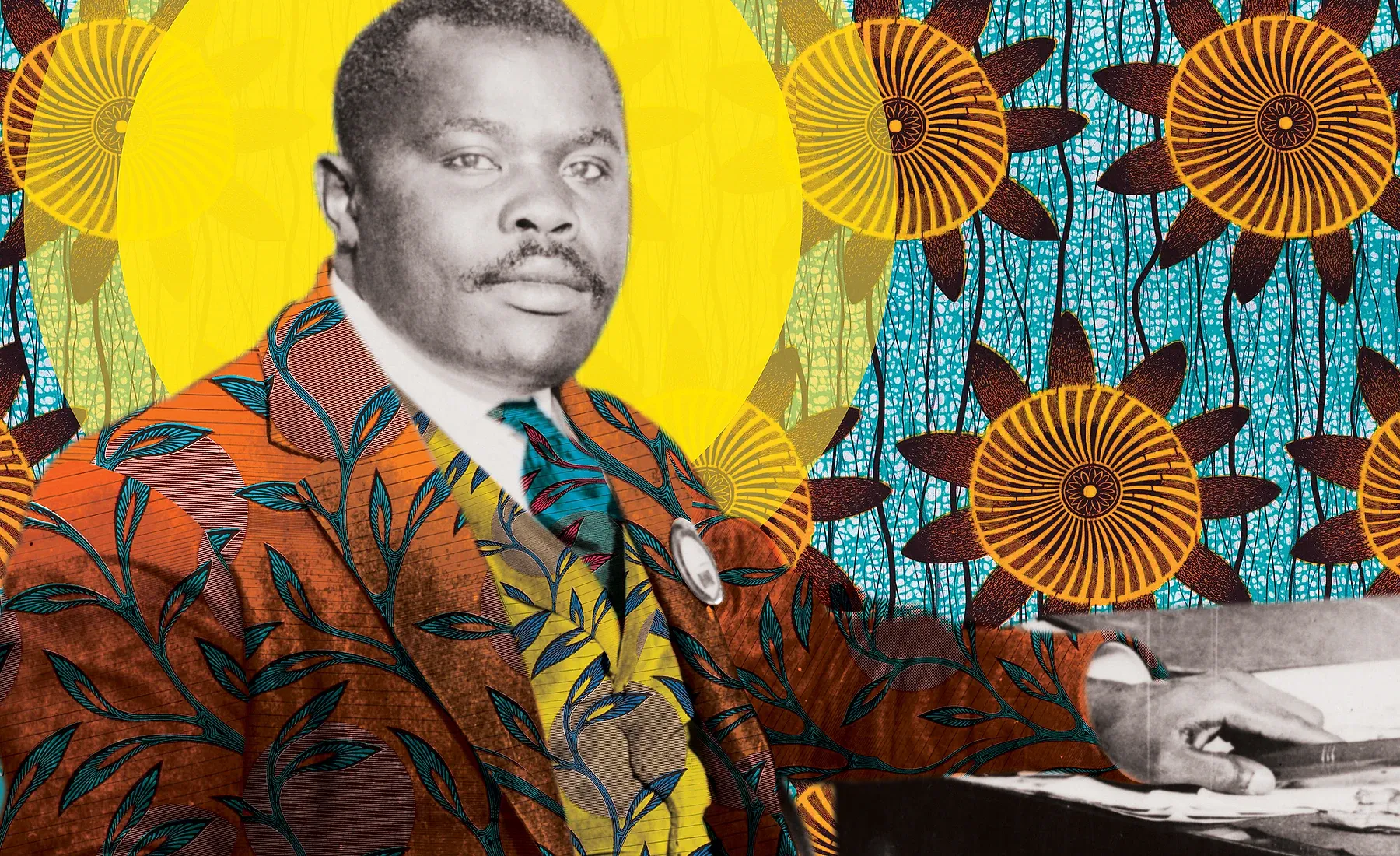 Artwork detail from Dressed for the Future — Marcus Garvey, 1924, showing the collage’s pattern, colour and photographic texture.