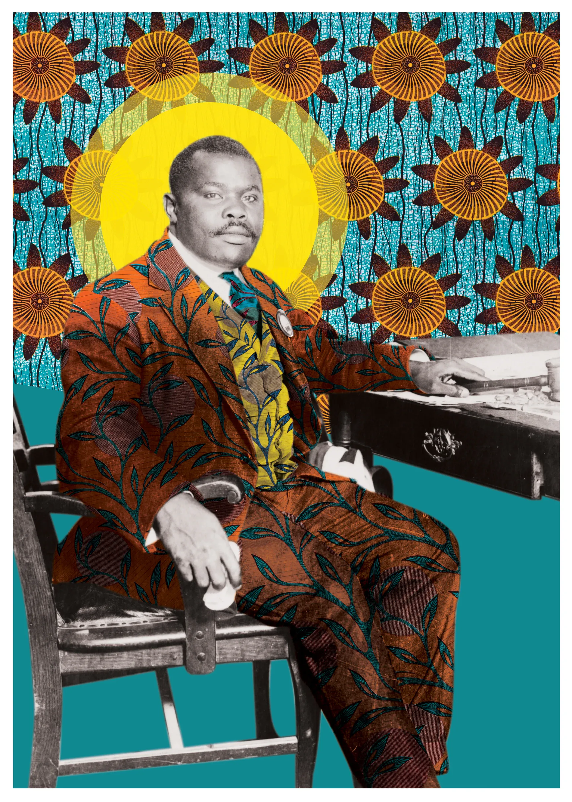 Marcus Garvey seated beside his desk, reimagined in a golden waistcoat, patterned suit and vivid yellow halo.