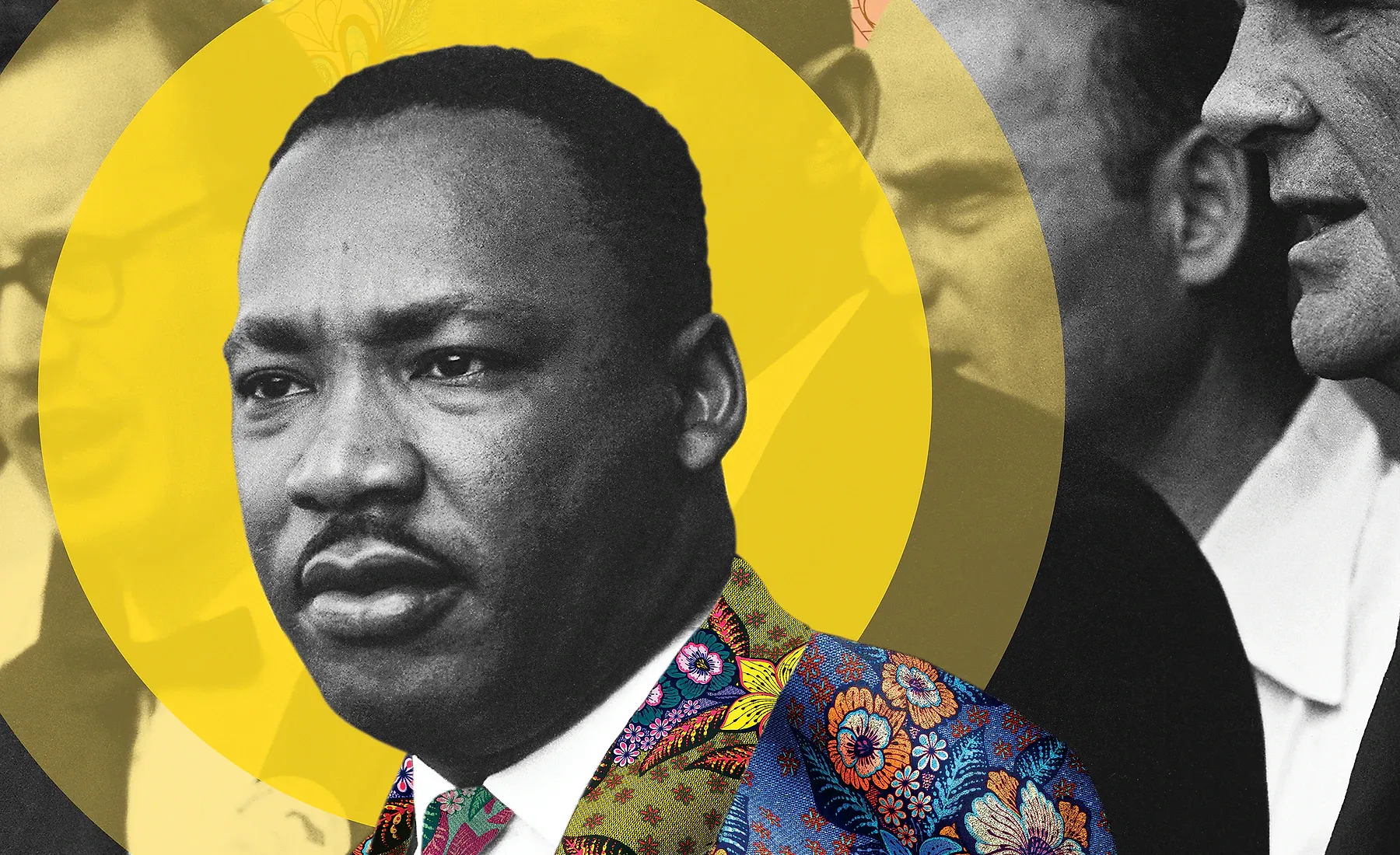 Artwork detail from Before the Words Entered History — Martin Luther King Jr., 1963, showing the collage’s pattern, colour and photographic texture.
