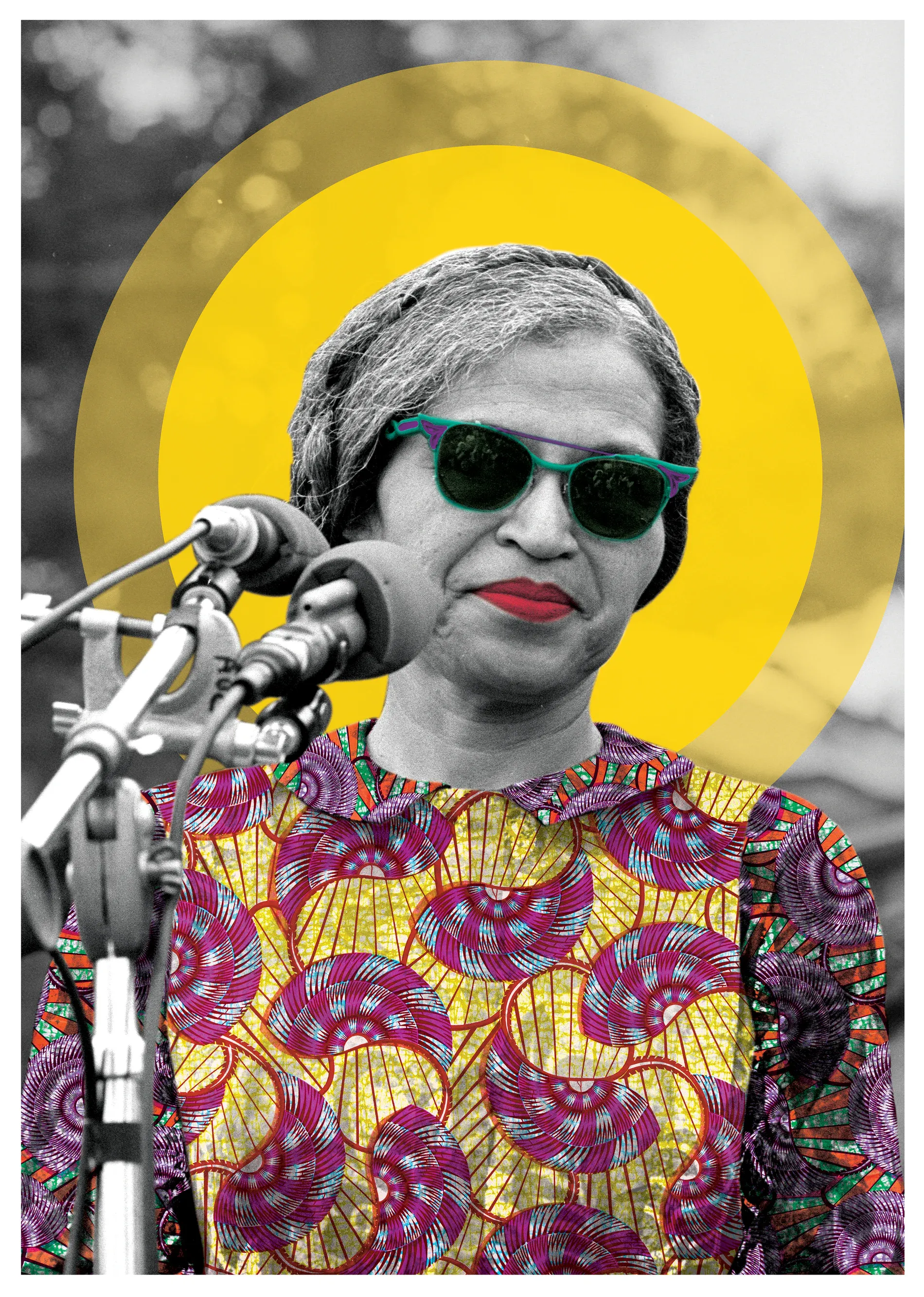 Rosa Parks in 1968, reimagined through saturated colour, patterned clothing and a circular halo.