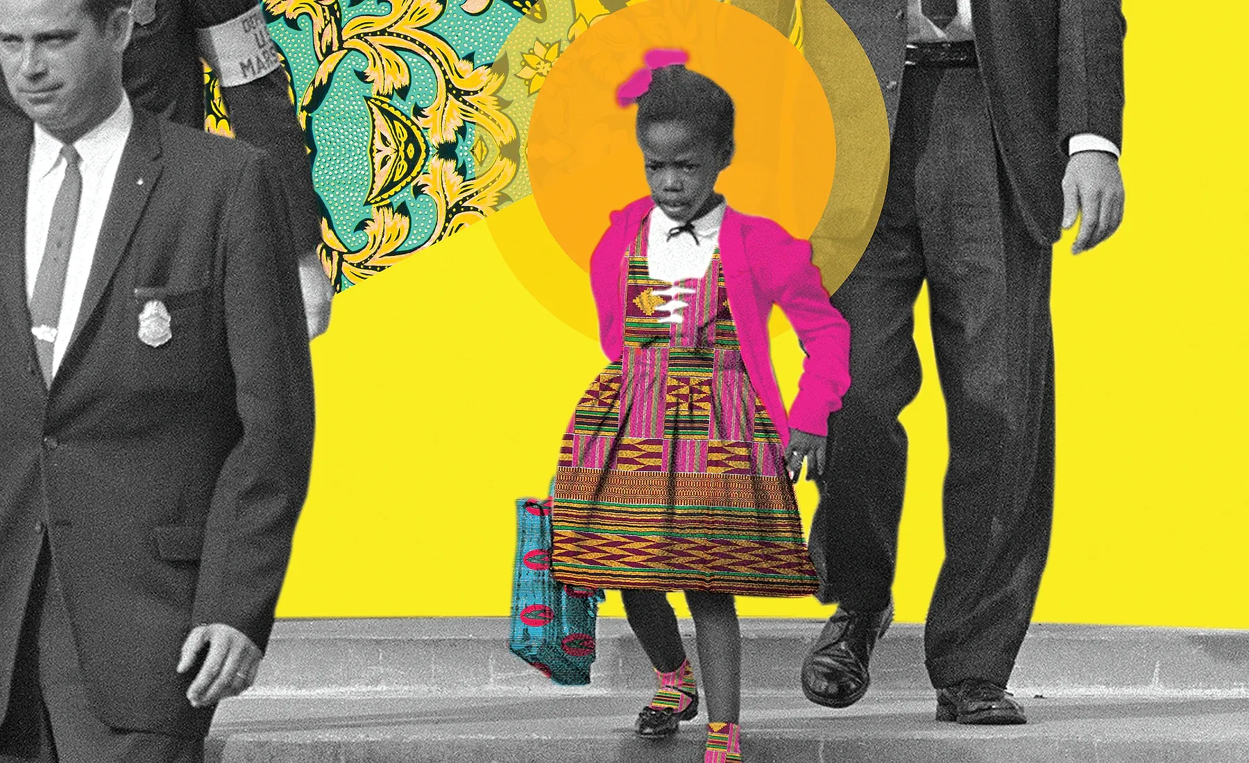 Artwork detail from The Walk — Ruby Bridges, 1960, showing the collage’s pattern, colour and photographic texture.