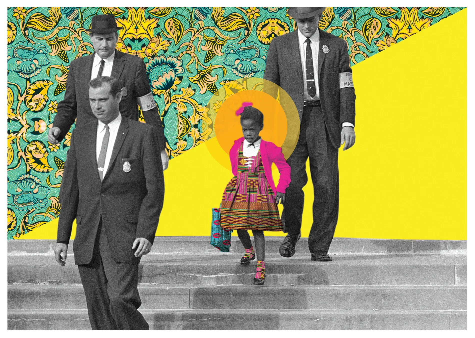 Ruby Bridges walking to school in 1960, reimagined through vivid textile pattern, colour and circular forms.