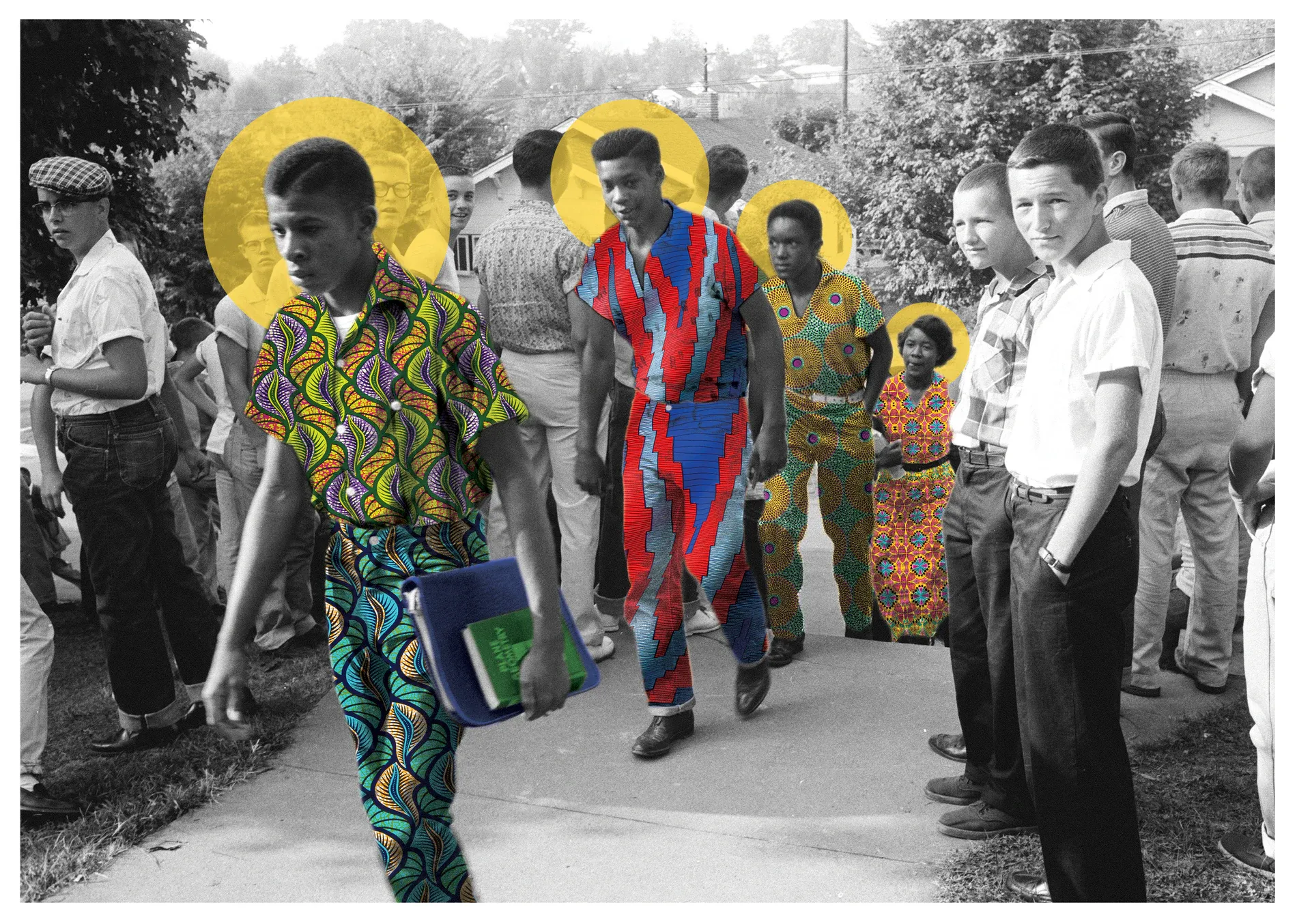 Students of the Clinton Twelve walking through a hostile crowd in 1956, reimagined with vivid patterned clothing and yellow circular forms.