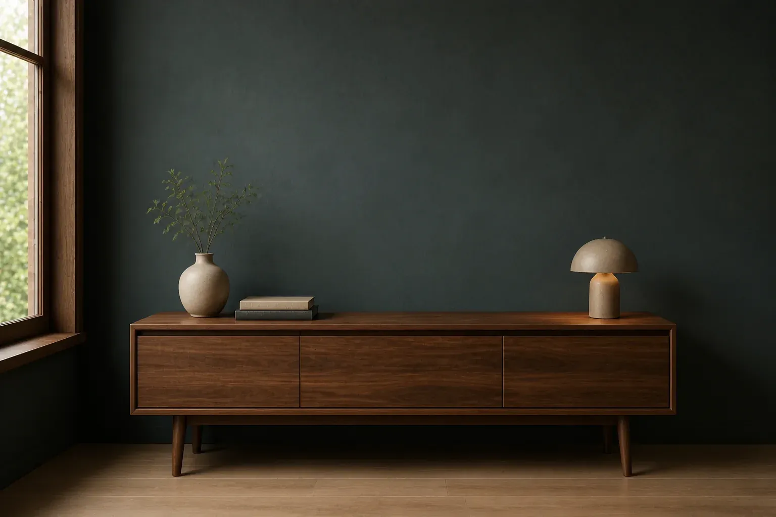 A 160 centimetre-wide walnut sideboard against a deep teal wall, used as a real-world scale reference.