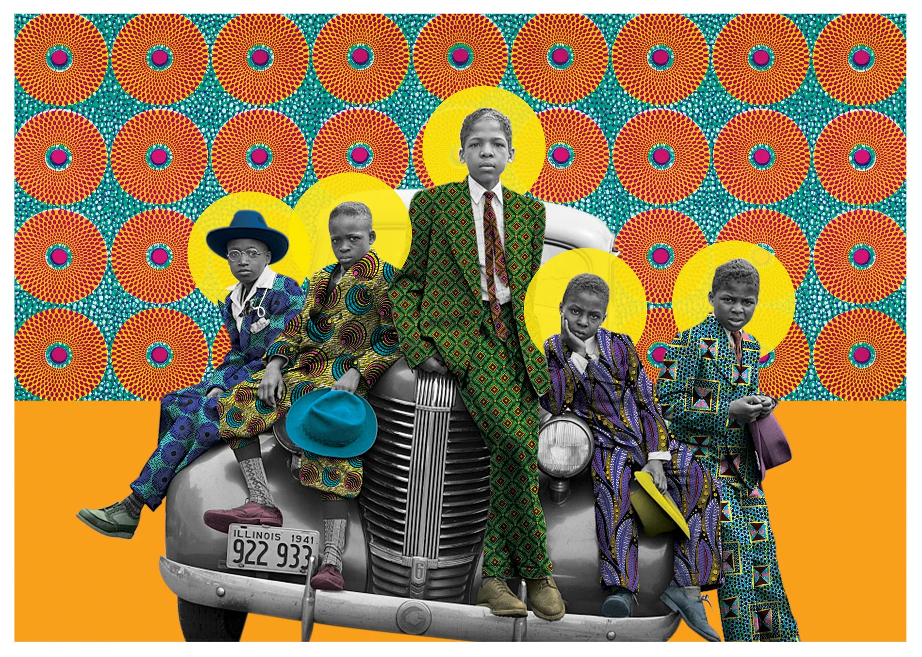 Five boys posed around a classic car in 1941, reimagined in vivid patterned suits and yellow circular forms.