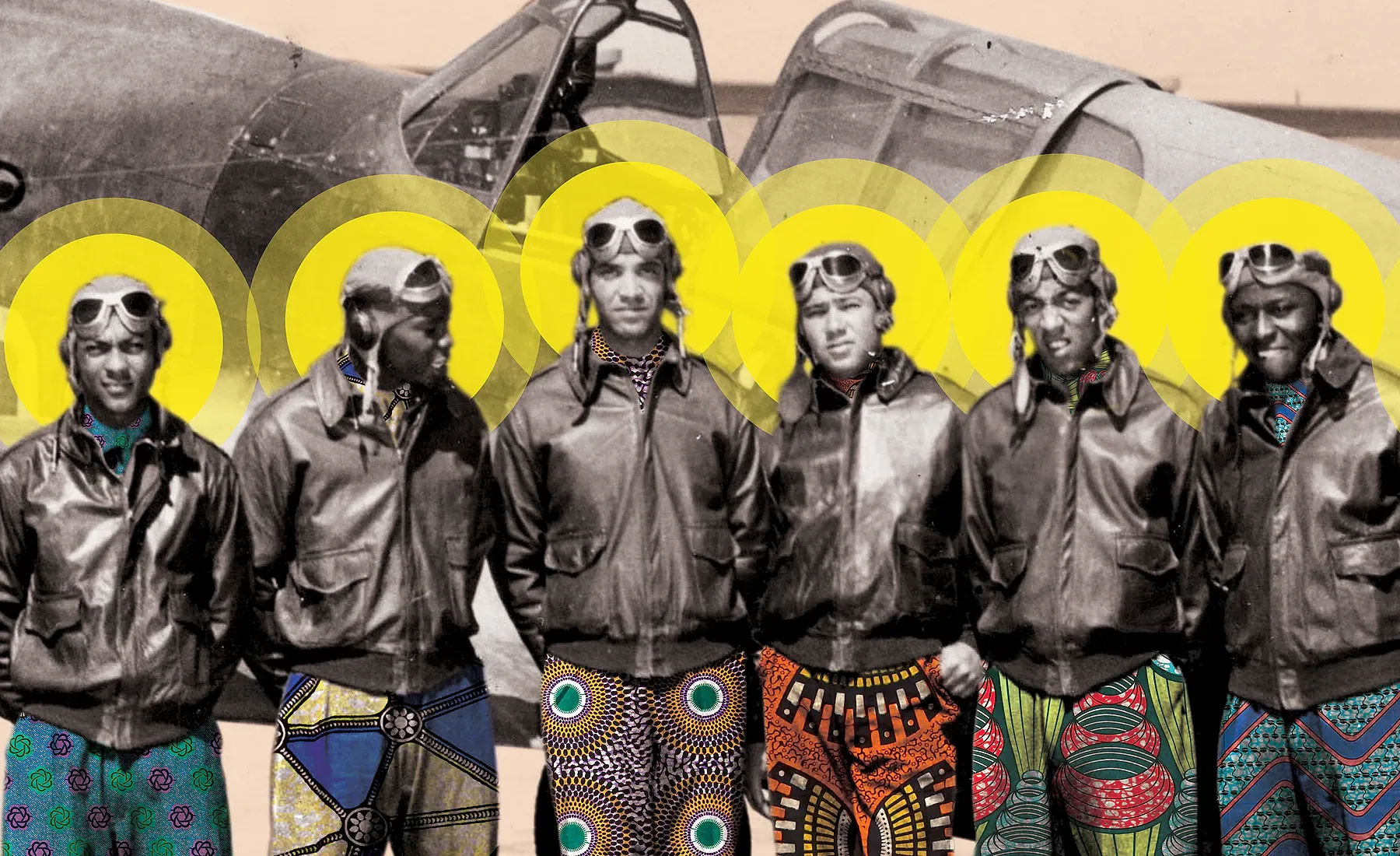 Artwork detail from Ready to Fly — Tuskegee Airmen, 1942, showing the collage’s pattern, colour and photographic texture.