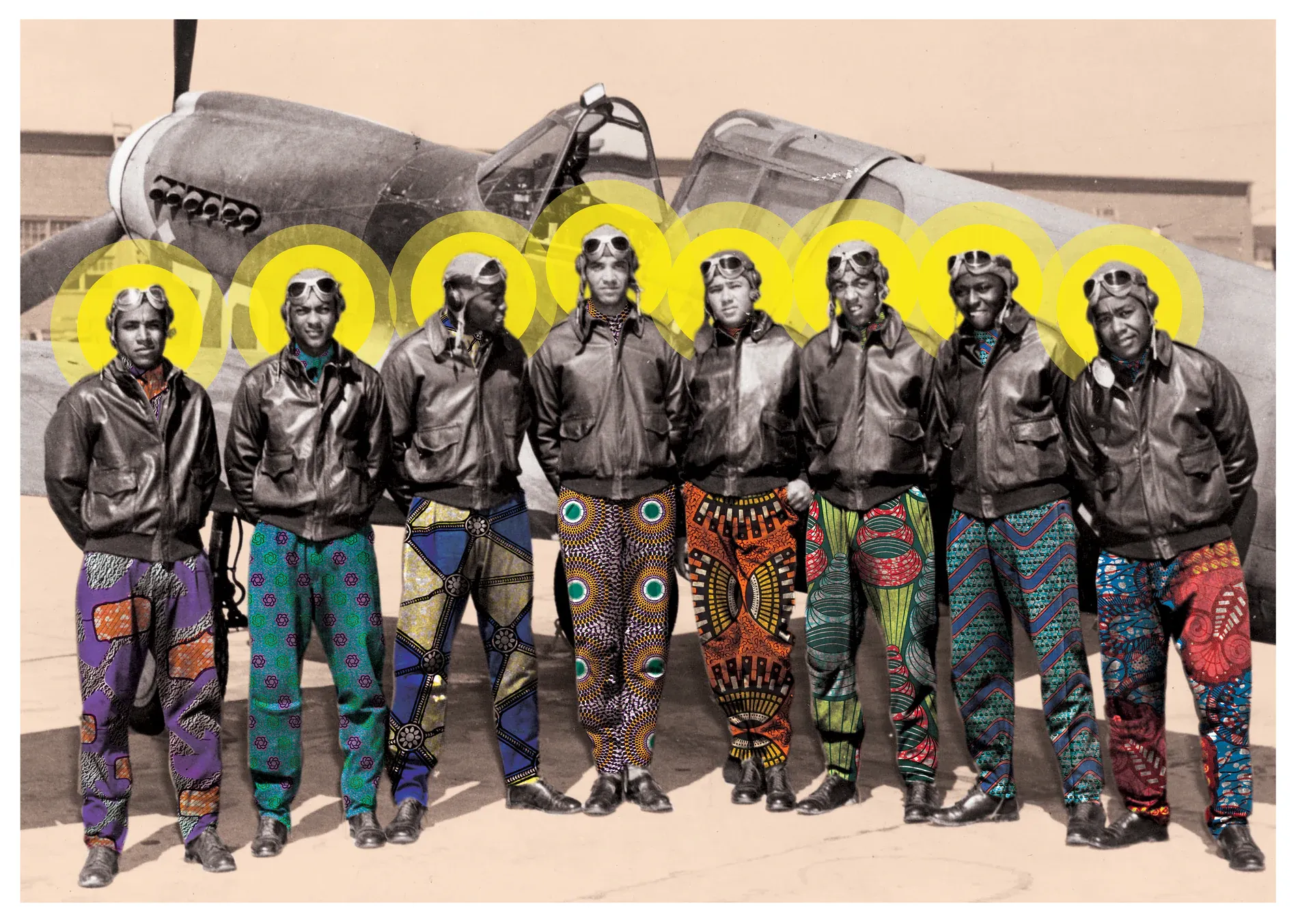 Tuskegee Airmen gathered beside an aircraft in 1942, reimagined through bold colour and pattern.