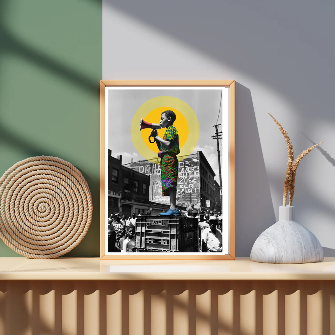 The Frequency of Love megaphone artwork displayed as colourful wall art in a bright green and neutral creative space.