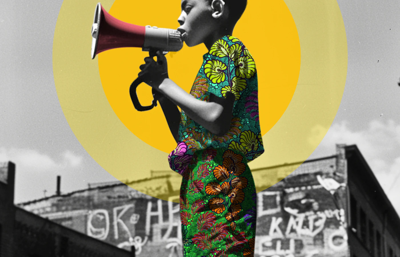 Detail of the Frequency of Love artwork, showing a boy with a purple megaphone surrounded by bold colour and pattern.