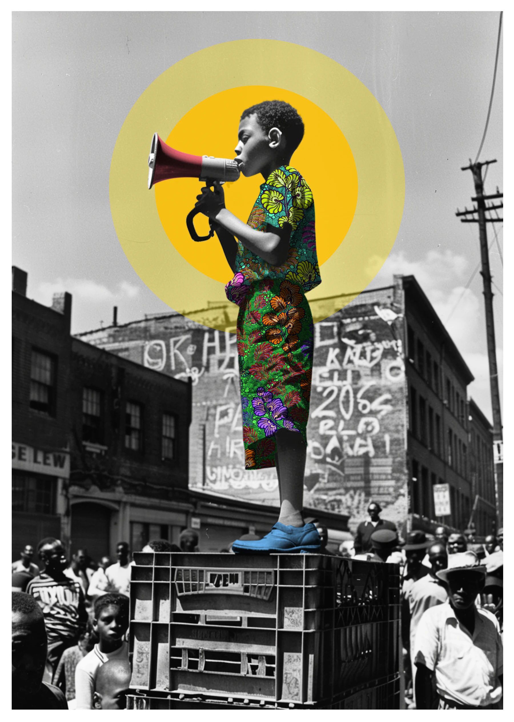 Frequency of Love digital collage showing a boy standing on stacked crates with a megaphone, wearing colourful patterned clothing against a black-and-white street scene.
