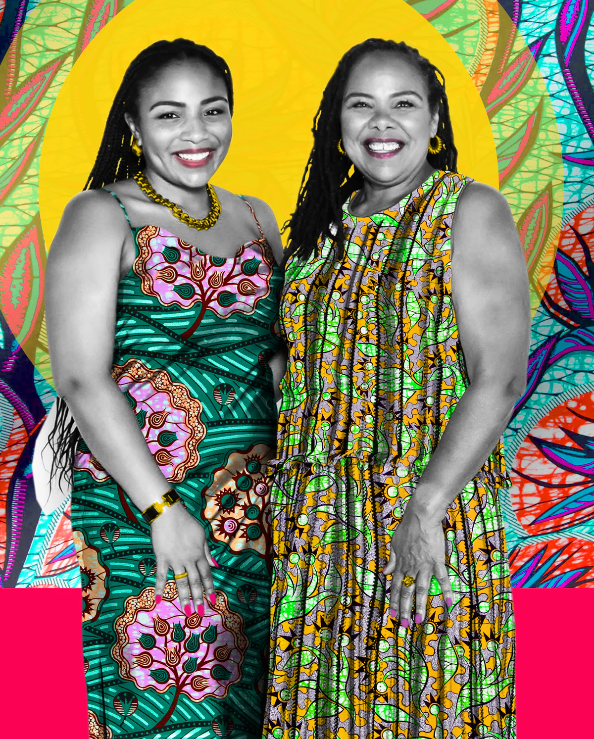 Detail of a Frequency of Love sisters portrait showing bold colour and patterned digital collage.