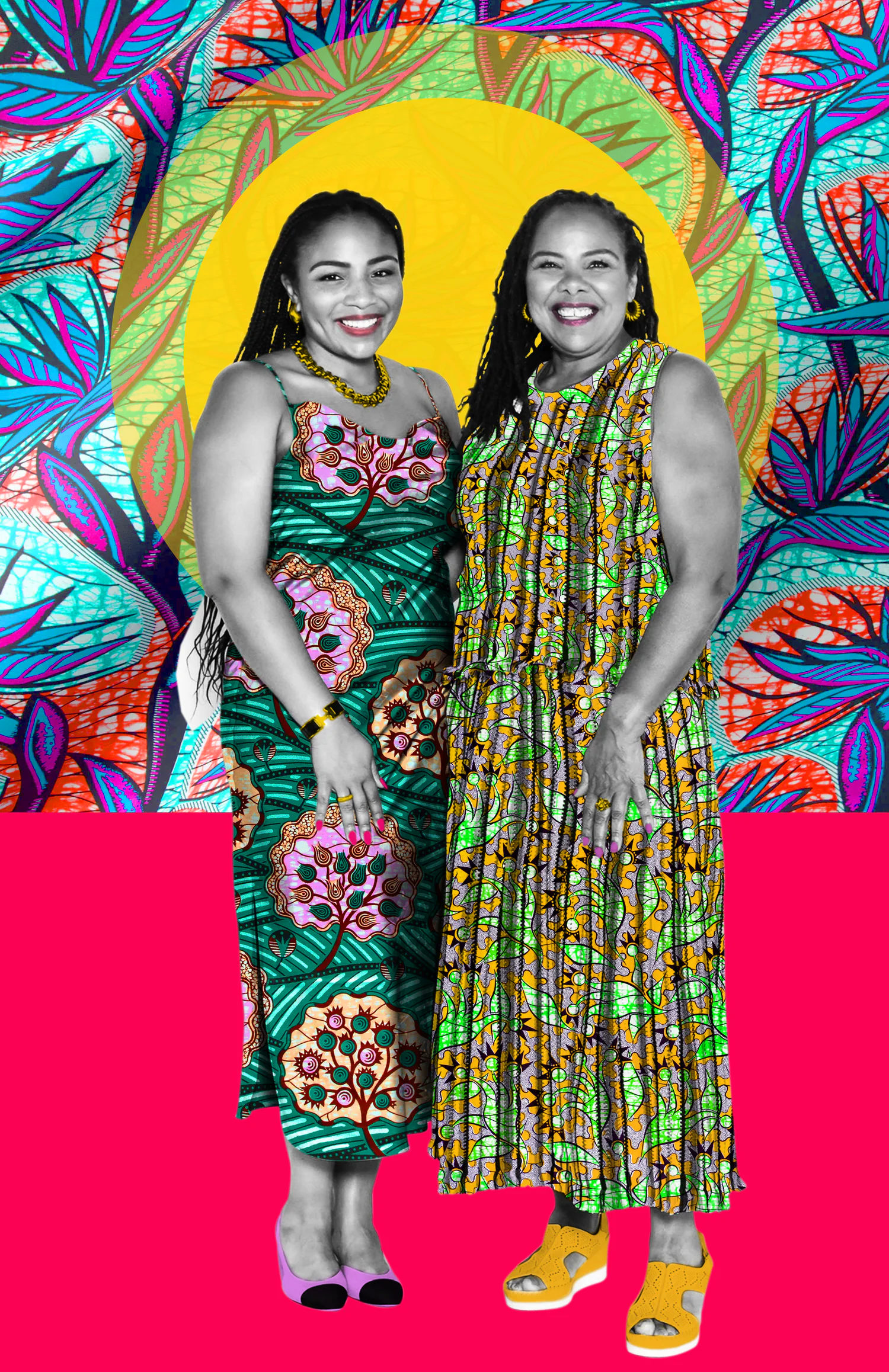 Colourful Frequency of Love commissioned portrait of two sisters wearing bold patterned clothing.