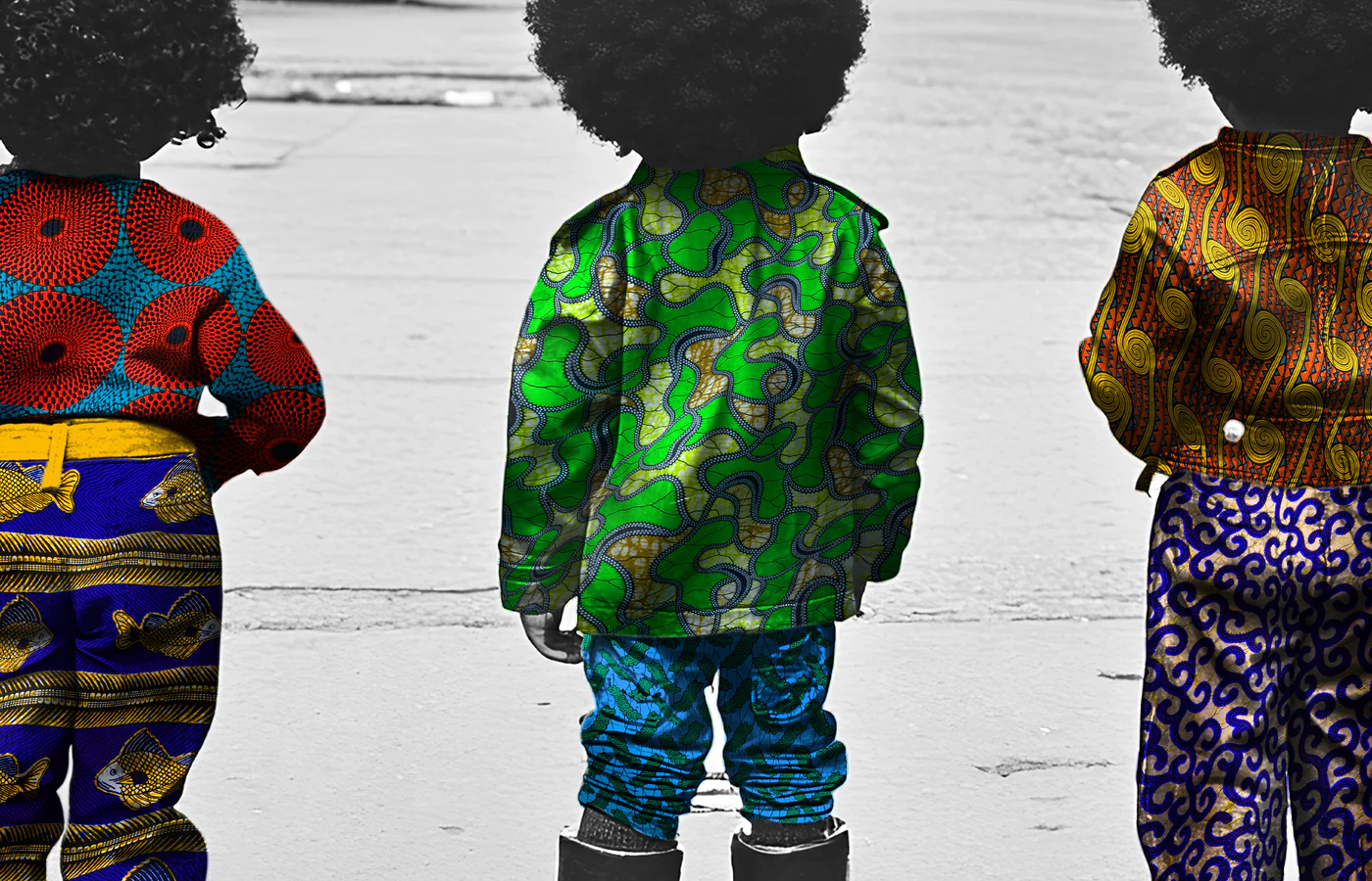 Detail of colourful patterned clothing in the Frequency of Love artwork accompanying this essay.