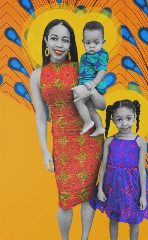 Colourful Frequency of Love commissioned portrait of a mother with her two children, incorporating bold patterned clothing and an orange backdrop.