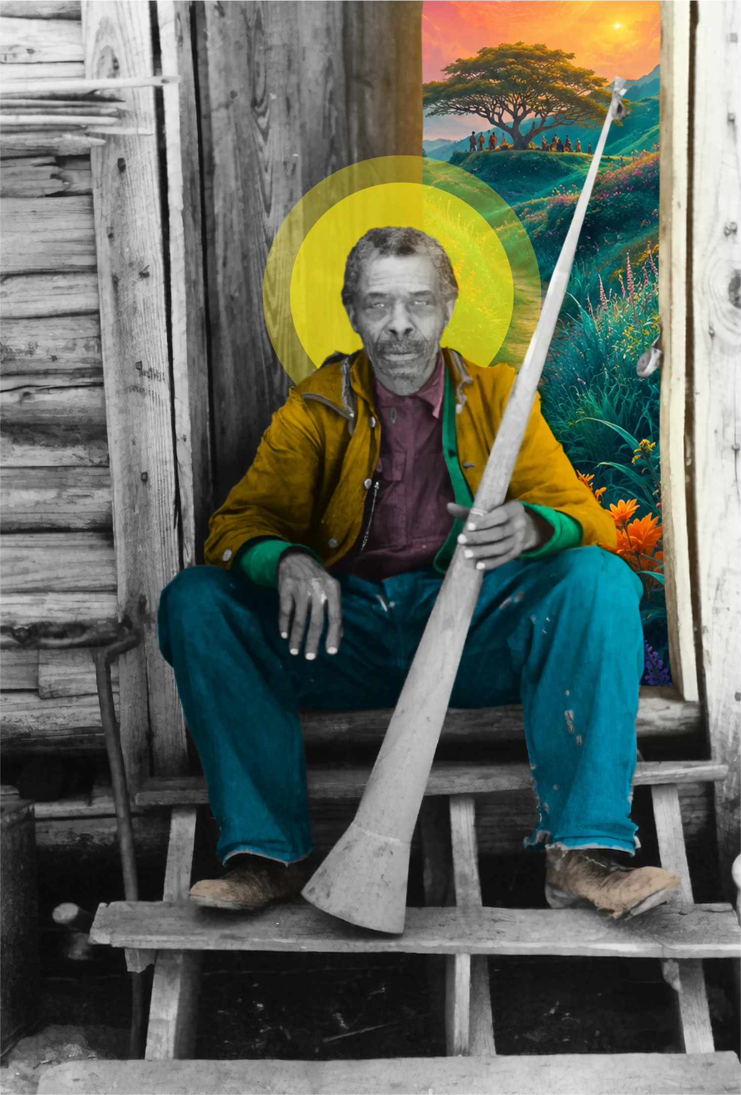 Frequency of Love collage based on Russell Lee's 1939 photograph of formerly enslaved Willis Winn holding a horn used to call enslaved people near Marshall, Texas.