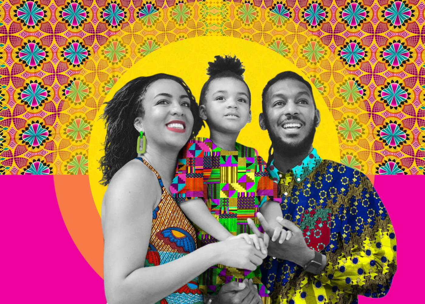 Colourful Frequency of Love commissioned family portrait created from a real family photograph using bold pattern and digital collage.